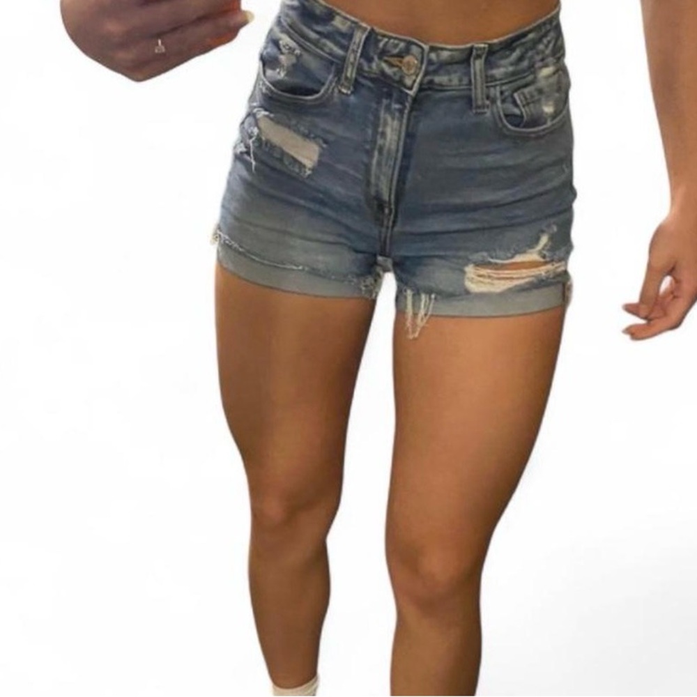 High-Waisted Distressed Blue Jean Shorts